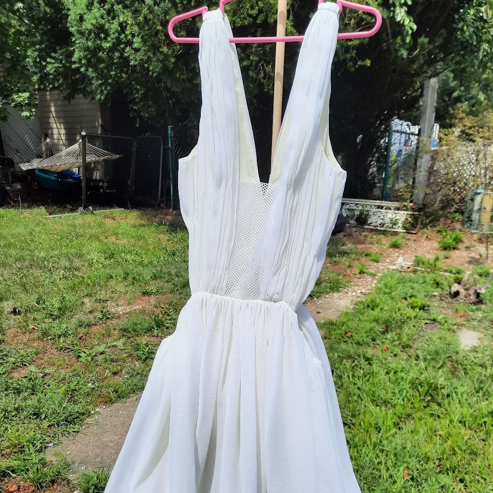 2000s White Chiffon & Mesh Dress with Cutout